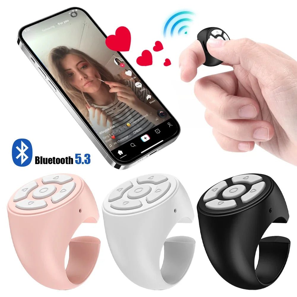 Scrolling Ring Wireless Finger Controller – Bluetooth-compatible ring for page turning, camera shutter, and media control; perfect for home, travel, or car use.