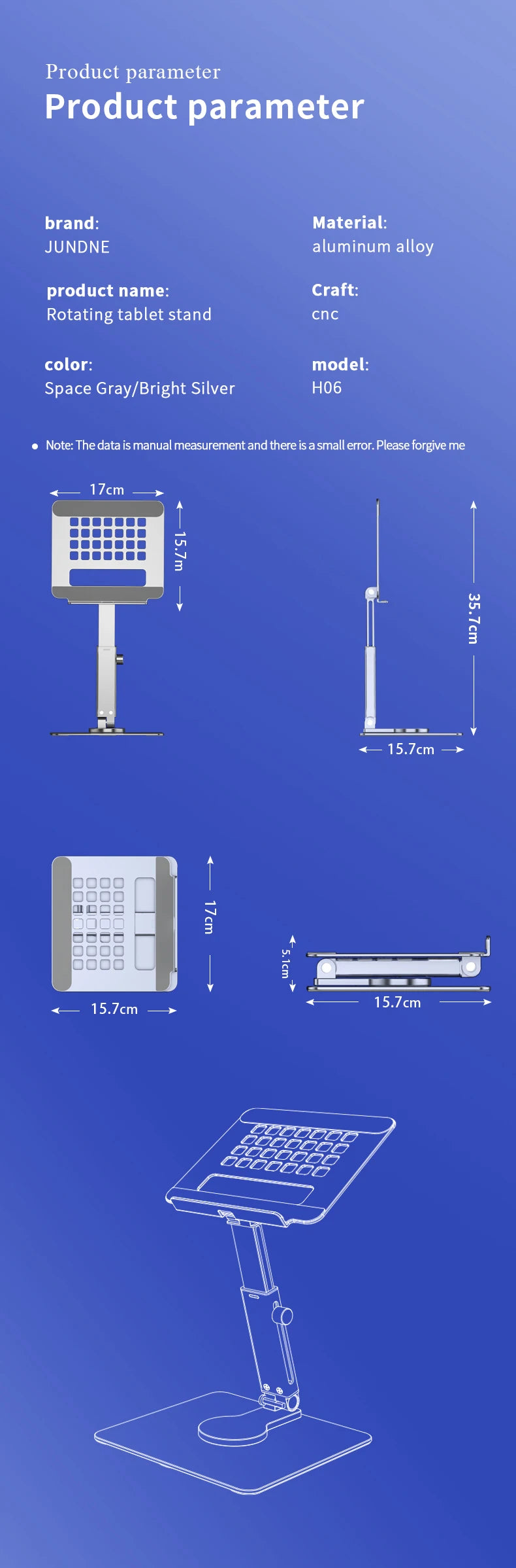 Xnyocn 360° Rotating Aluminum Tablet Stand | Adjustable Folding Desk Mount Riser for 4-14" iPad Pro, iPad Air, Xiaomi Tab