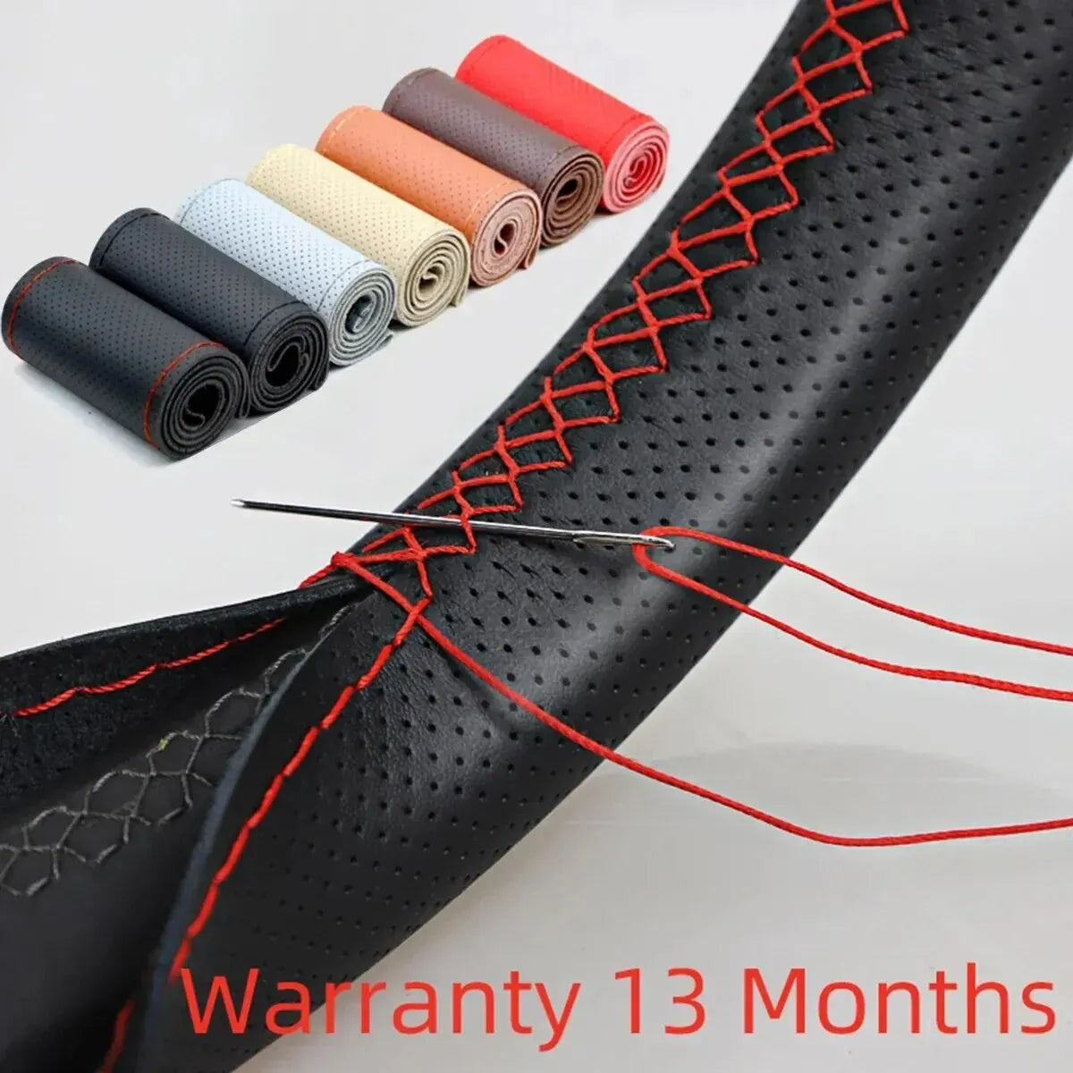 Universal Leather Car Steering Wheel Stitch On Wrap Cover Fit for 38cm 14" DIY Sewing Breathable and Anti Slip Black Grey Beige