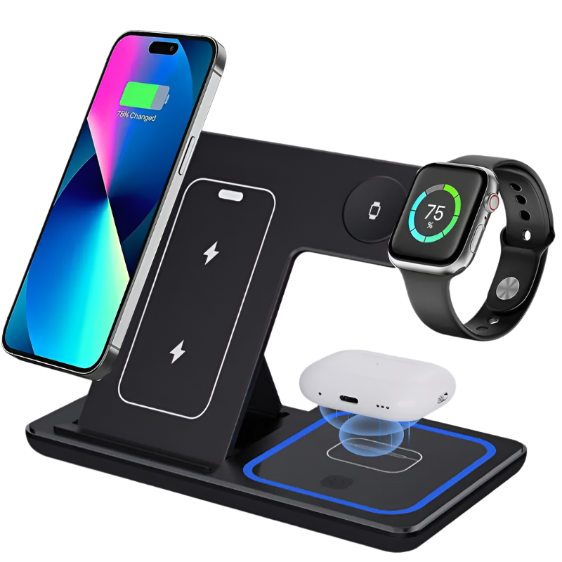 VIKEFON 30W 3-in-1 Fast Wireless Charging Station – Foldable Stand for iPhone 15/14/13/12/11, Apple Watch 9/8/7/6/5, and AirPods Pro