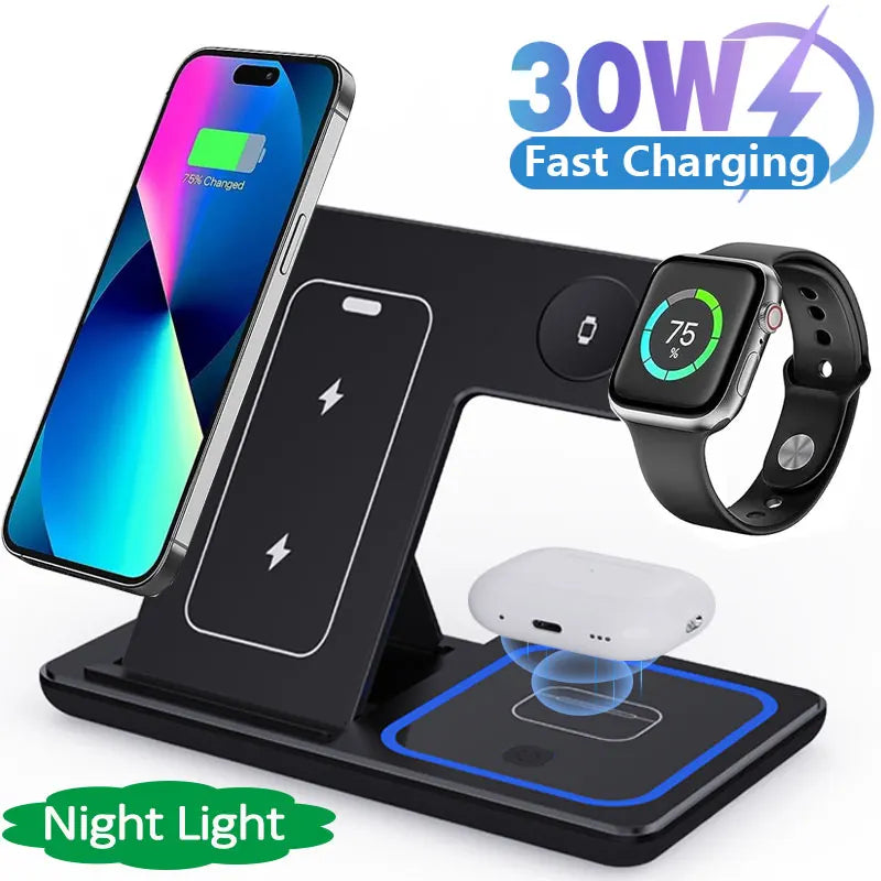 VIKEFON 30W 3-in-1 Fast Wireless Charging Station – Foldable Stand for iPhone 15/14/13/12/11, Apple Watch 9/8/7/6/5, and AirPods Pro