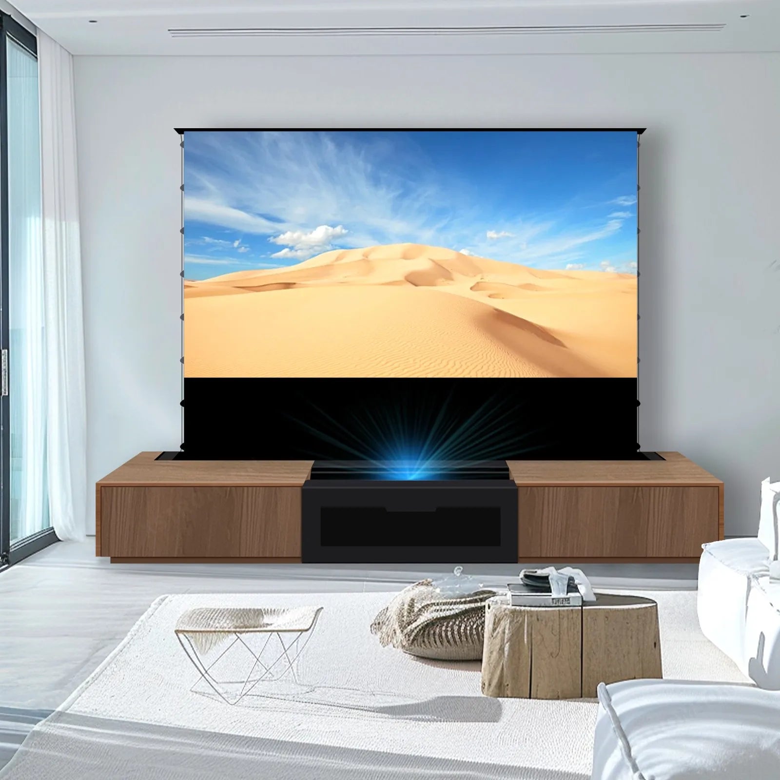 2025 MAX 120 inch Intelligent Laser TV Projector Screen TV Cabinet+Motorized Floor Rising UST Projection Screen For Home Theater