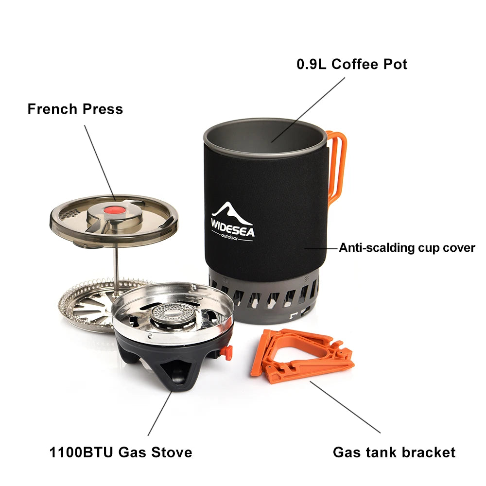 Widesea Portable Camping Cooking System with Heat Exchanger - Outdoor Gas Stove Burner, Coffee Pot, Cup, and Cookware Set