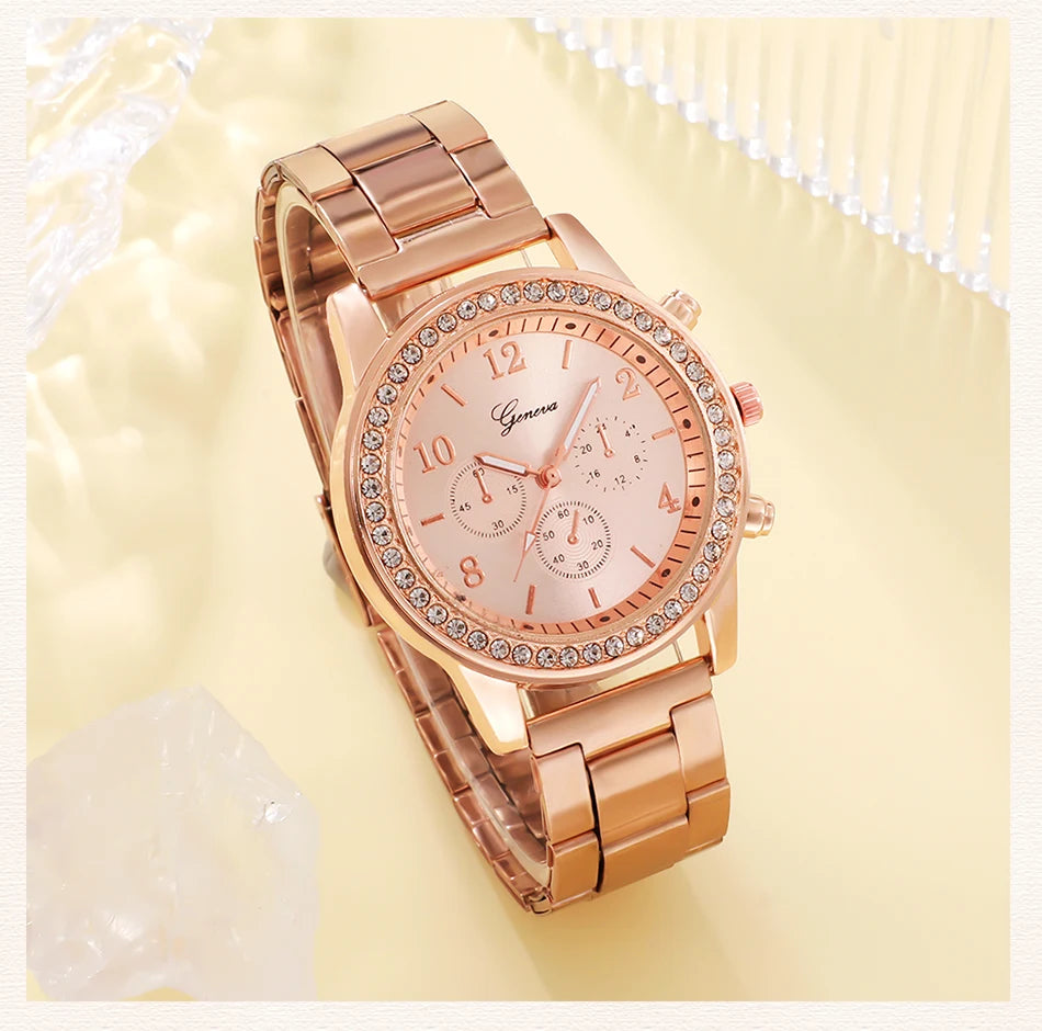 CADVAN HQ8207 Rose Gold Luxury Women's Watch Set - 6PCS Fashion Jewelry Set with Watch, Rings, Necklace, Earrings, and Bracelet