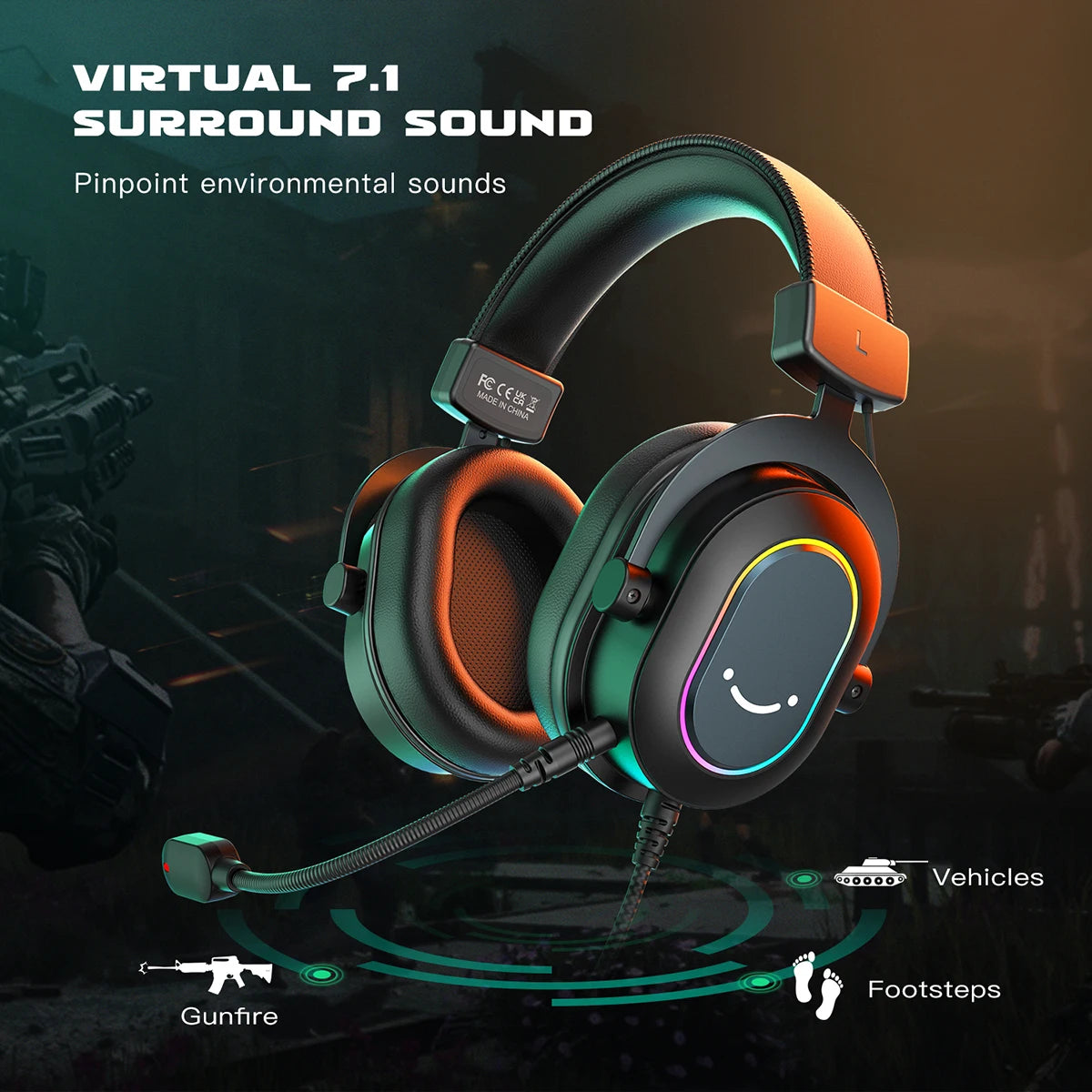 Fifine Dynamic RGB Gaming Headset with Microphone | 7.1 Surround Sound Over-Ear Headphones for PC, PS4, PS5 | 3 EQ Modes for Gaming, Movies & Music