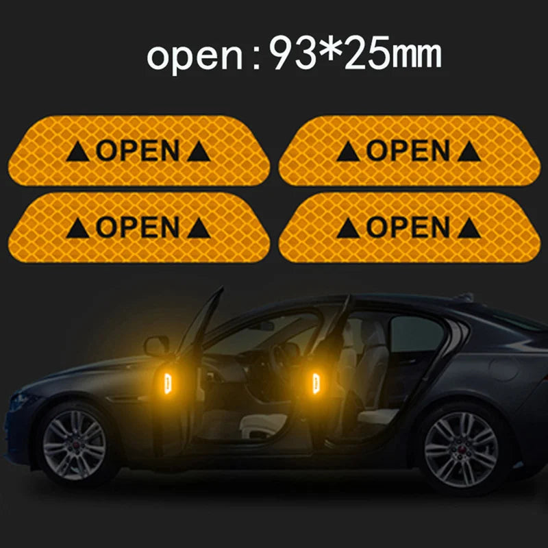 4PCS Reflective Car Door Handle Safety Stickers - Warning Mark Anti-Collision Reflector Strips for Enhanced Visibility