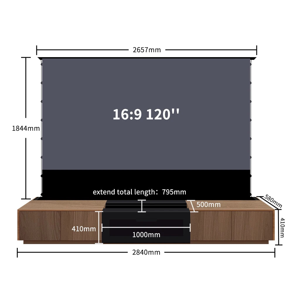 120'' Black Smart Laser TV Cabinet +UST ALR Projector Screen Motorized Floor Rising Screen for Ultra Short Throw Laser Projector