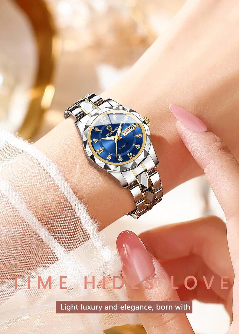 BINBOND Luxury Women's Quartz Watch - Waterproof, Luminous Date Display, Stainless Steel Fashion Wristwatch for Ladies