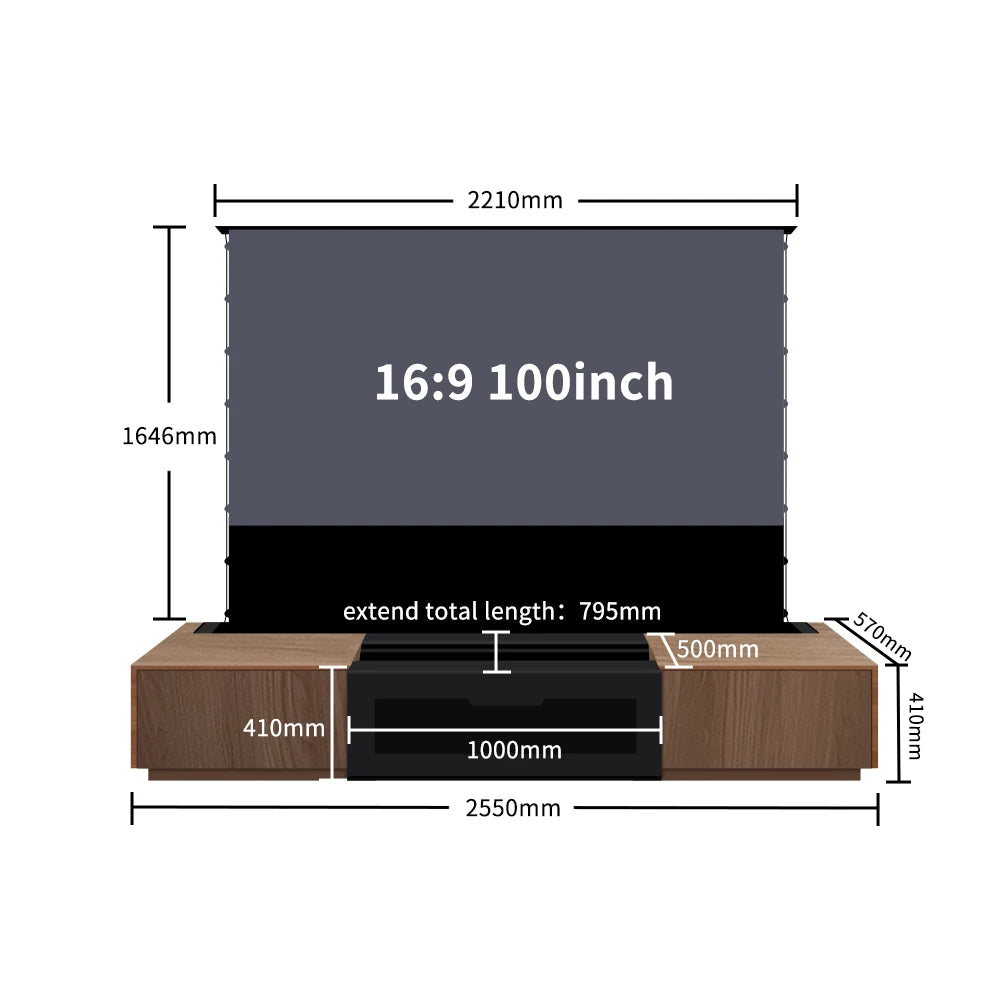 120'' Black Smart Laser TV Cabinet +UST ALR Projector Screen Motorized Floor Rising Screen for Ultra Short Throw Laser Projector