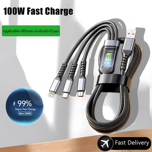 100W 5A 3-in-1 Fast Charging USB Cable | Multi-Device Charger for iPhone 14, 13, Samsung, Xiaomi, Huawei – Type-C, Micro USB, Lightning