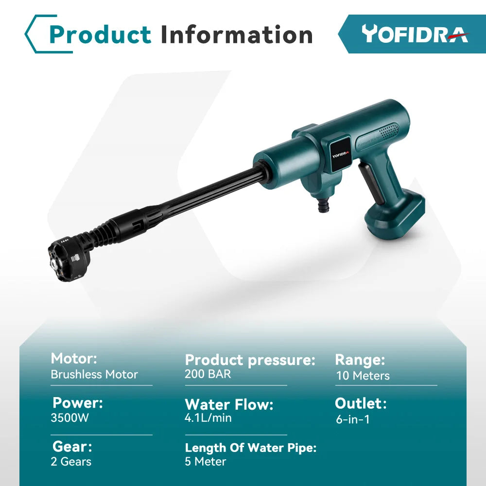 Yofidra 6-in-1 200Bar Cordless Brushless High-Pressure Washer, Rechargeable Foam Generator, Compatible with Makita 18V Battery for Home & Garden Use