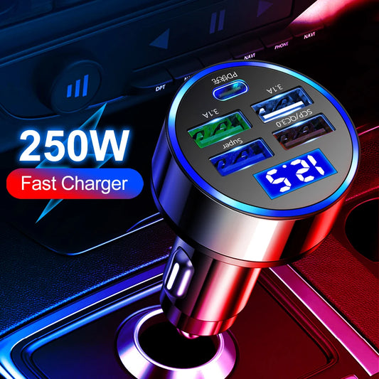 Vumpach 250W 5-Port Fast Charging Car Charger | PD & QC3.0 USB-C Adapter for iPhone, Samsung, Huawei, Xiaomi