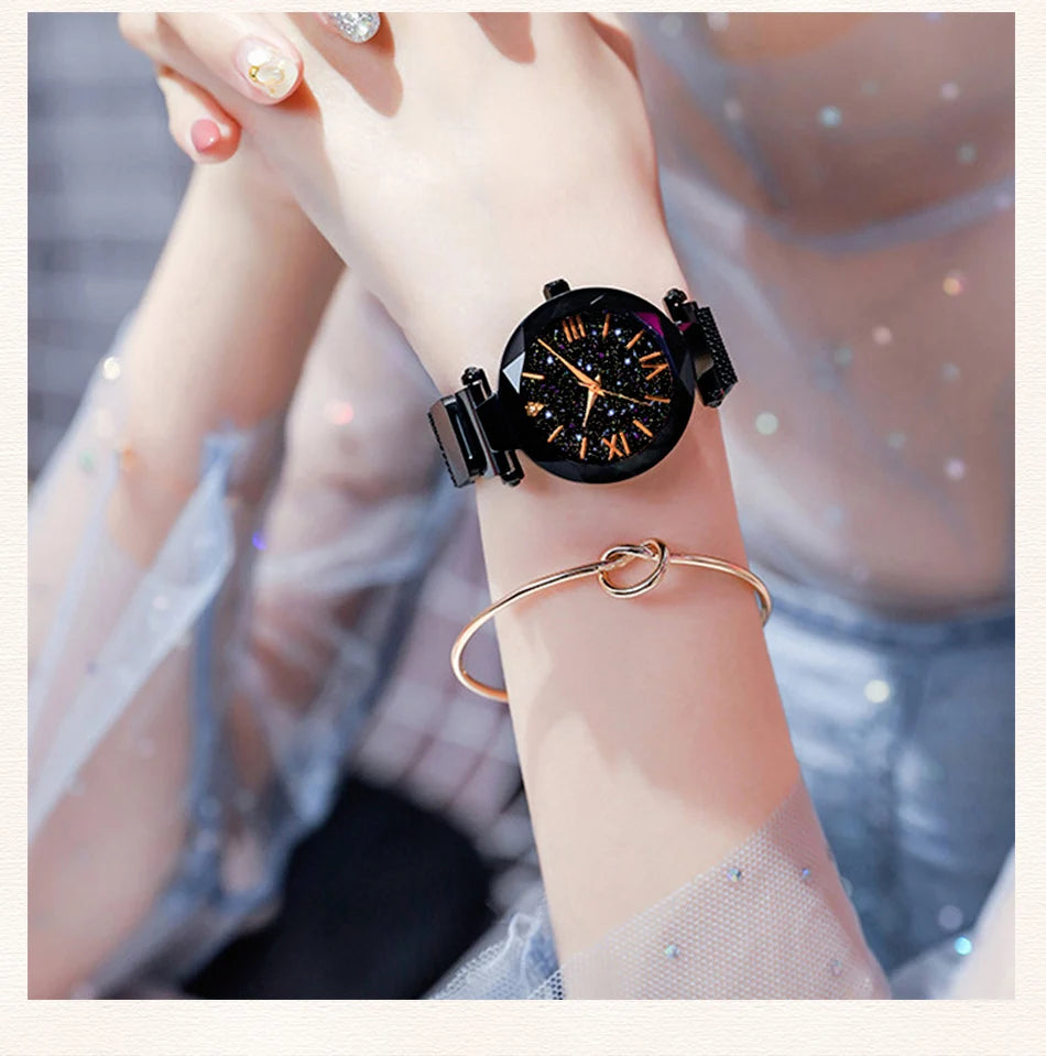 Women's Starry Sky Diamond Quartz Watch - Fashion Dress Watch with Magnetic Buckle Mesh Strap