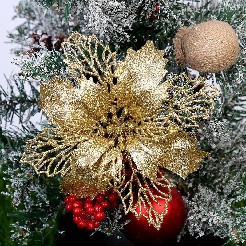 Christmas Tree Glitter Flowers | 10pcs Artificial Ornaments for Christmas 2024