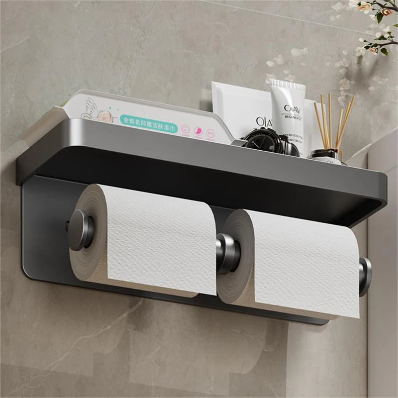 Aluminum Alloy Wall-Mounted Toilet Paper Holder with Shelf – Multi-Function Bathroom Paper & Phone Holder Towel Roll Rack