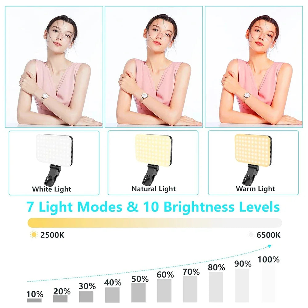 LED Selfie Light with 60 High-Quality Beads – 2200mAh Rechargeable, CRI 97+, 7 Light Modes, Portable Clip-On for Phone, Tablet, Laptop