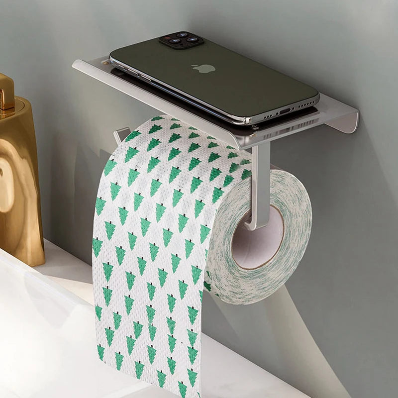 Aluminum Alloy Wall-Mounted Toilet Paper Holder with Shelf – Multi-Function Bathroom Paper & Phone Holder Towel Roll Rack
