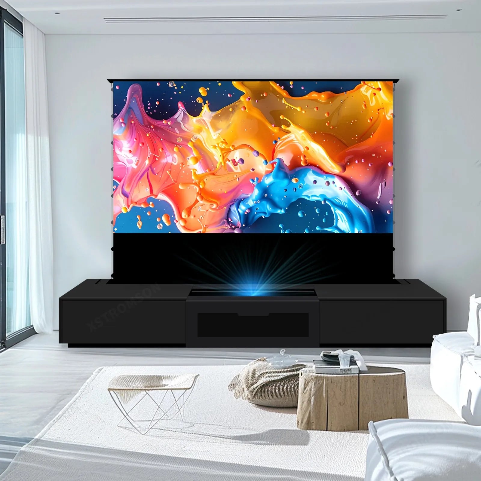 2025 MAX 120 inch Intelligent Laser TV Projector Screen TV Cabinet+Motorized Floor Rising UST Projection Screen For Home Theater