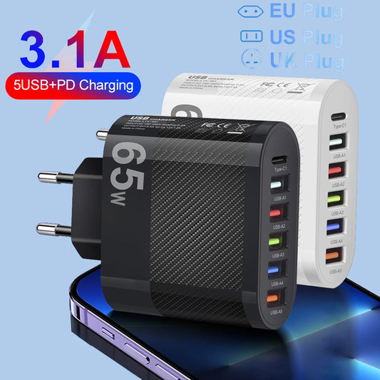 5-Port USB Wall Charger with PD & QC 3.0 – Fast Charging Hub for iPhone, Samsung, and More