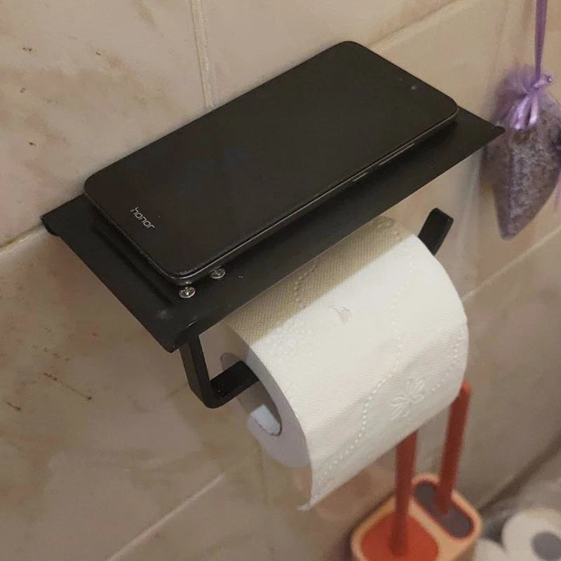 Aluminum Alloy Wall-Mounted Toilet Paper Holder with Shelf – Multi-Function Bathroom Paper & Phone Holder Towel Roll Rack