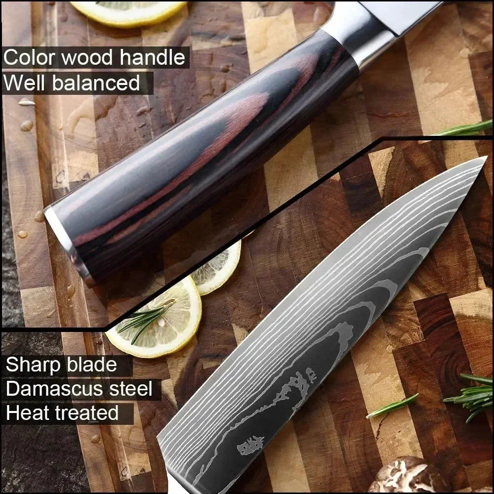 Professional Damascus Steel Kitchen Knives – Japanese Santoku, Slicing, Boning, and Butcher Cleaver Knives