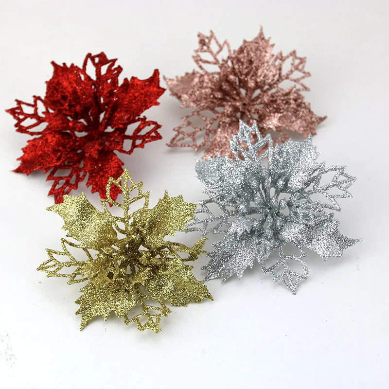 Christmas Tree Glitter Flowers | 10pcs Artificial Ornaments for Christmas 2024