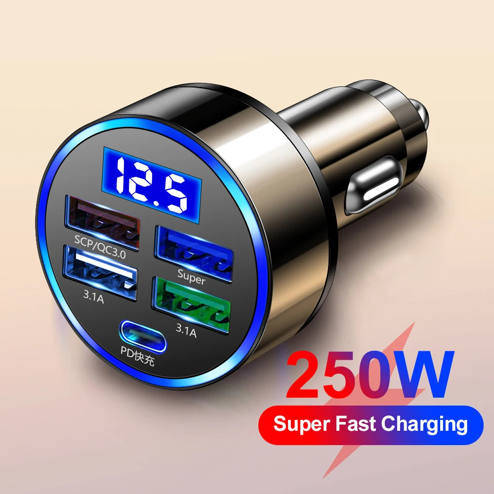 Vumpach 250W 5-Port Fast Charging Car Charger | PD & QC3.0 USB-C Adapter for iPhone, Samsung, Huawei, Xiaomi