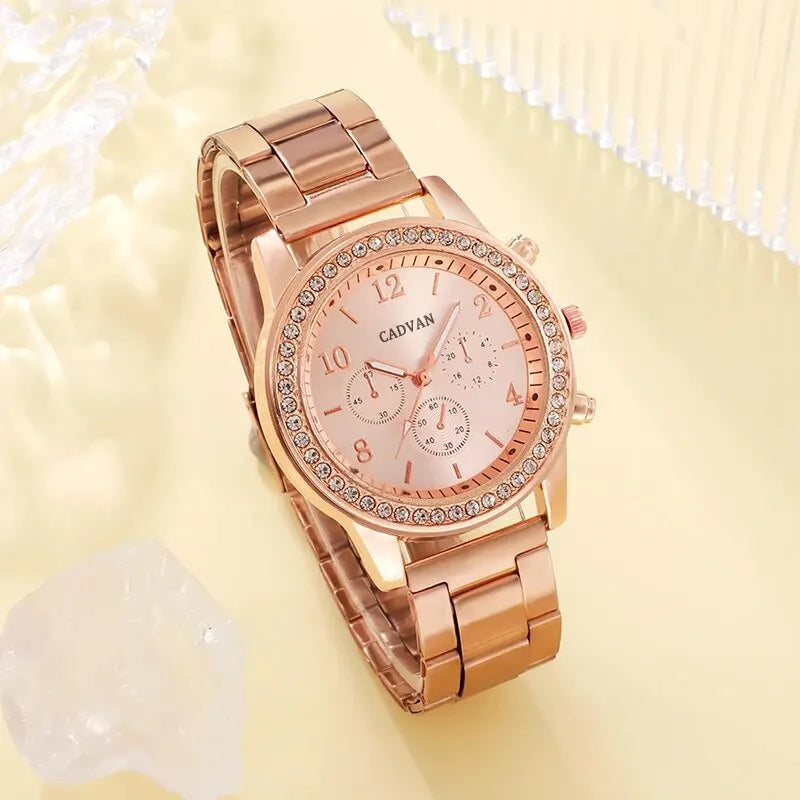 CADVAN HQ8207 Rose Gold Luxury Women's Watch Set - 6PCS Fashion Jewelry Set with Watch, Rings, Necklace, Earrings, and Bracelet