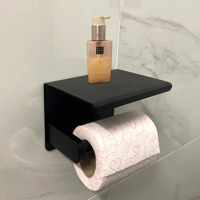 Aluminum Alloy Wall-Mounted Toilet Paper Holder with Shelf – Multi-Function Bathroom Paper & Phone Holder Towel Roll Rack