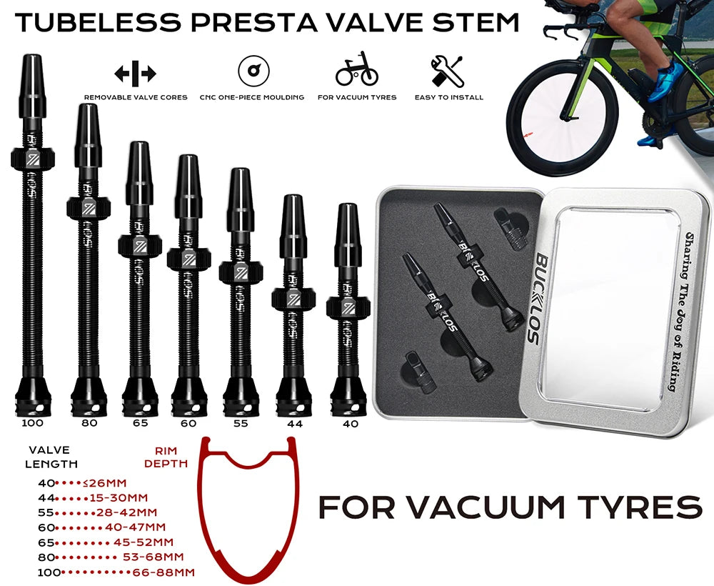 BUCKLOS Aluminum Alloy Tubeless Presta Valves – Removable Core Air Valves for Road & MTB Bikes (40-100mm Sizes)