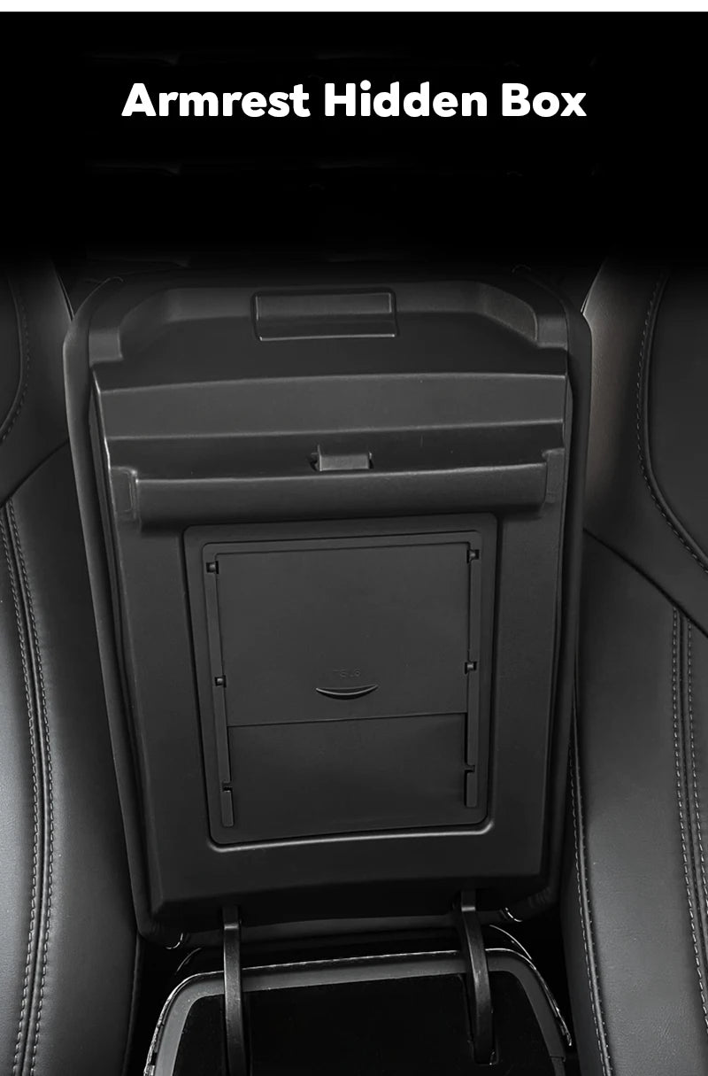 TESY Hidden Storage Box for Tesla Model Y | Flocked Center Console Organizer with Sliding Layers for Front & Rear Armrest