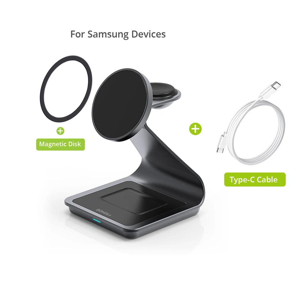 BONOLA 3-in-1 Magnetic Wireless Charging Station | 25W Fast Charger for Samsung S24 Ultra, S23, Galaxy Watch 7/6/5, Earbuds