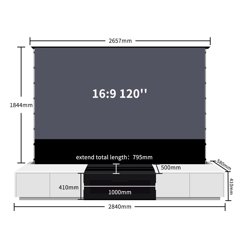 120'' Black Smart Laser TV Cabinet +UST ALR Projector Screen Motorized Floor Rising Screen for Ultra Short Throw Laser Projector