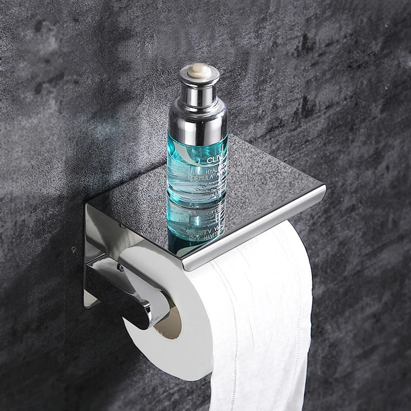 Aluminum Alloy Wall-Mounted Toilet Paper Holder with Shelf – Multi-Function Bathroom Paper & Phone Holder Towel Roll Rack