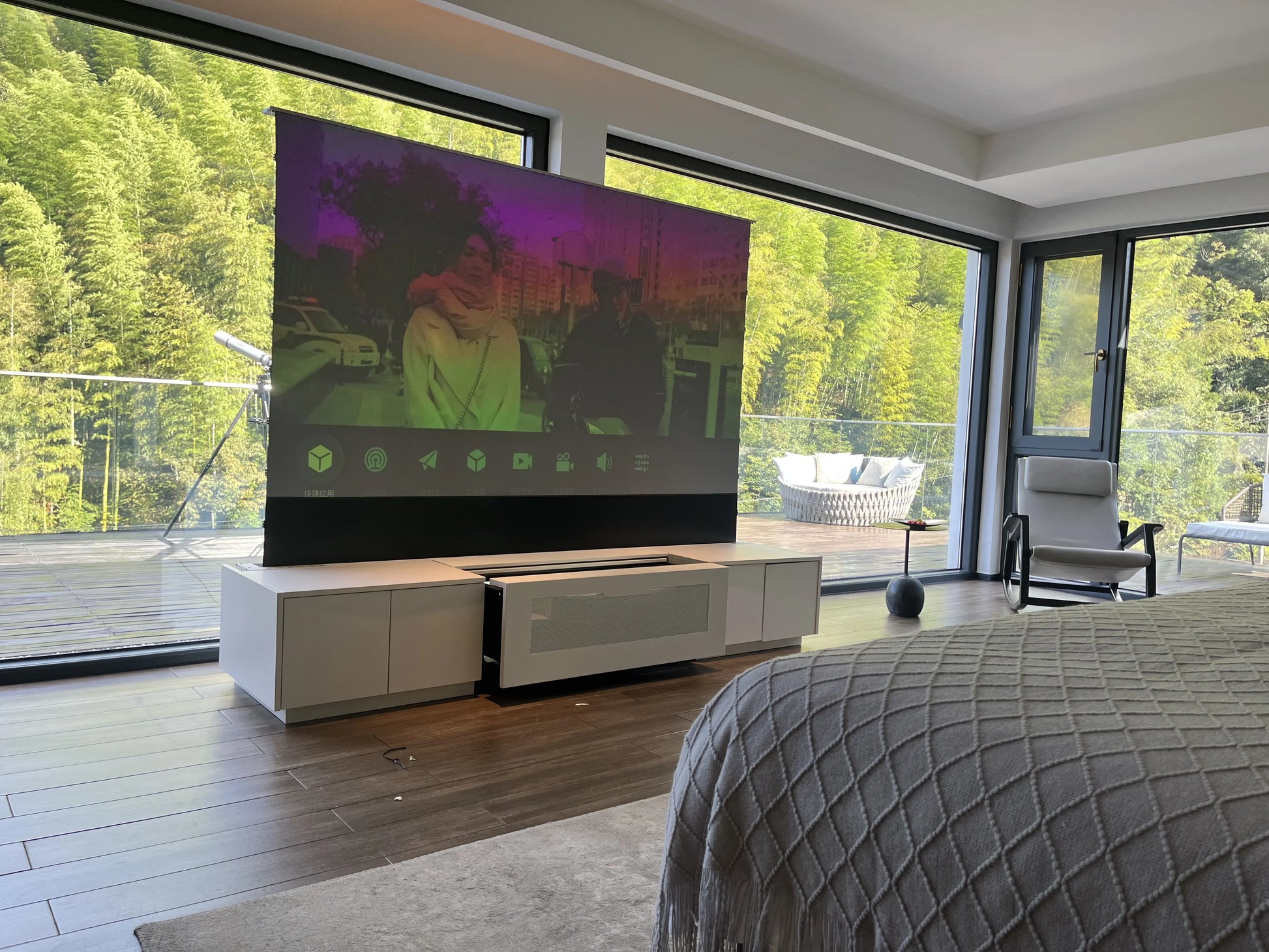 120'' Black Smart Laser TV Cabinet +UST ALR Projector Screen Motorized Floor Rising Screen for Ultra Short Throw Laser Projector