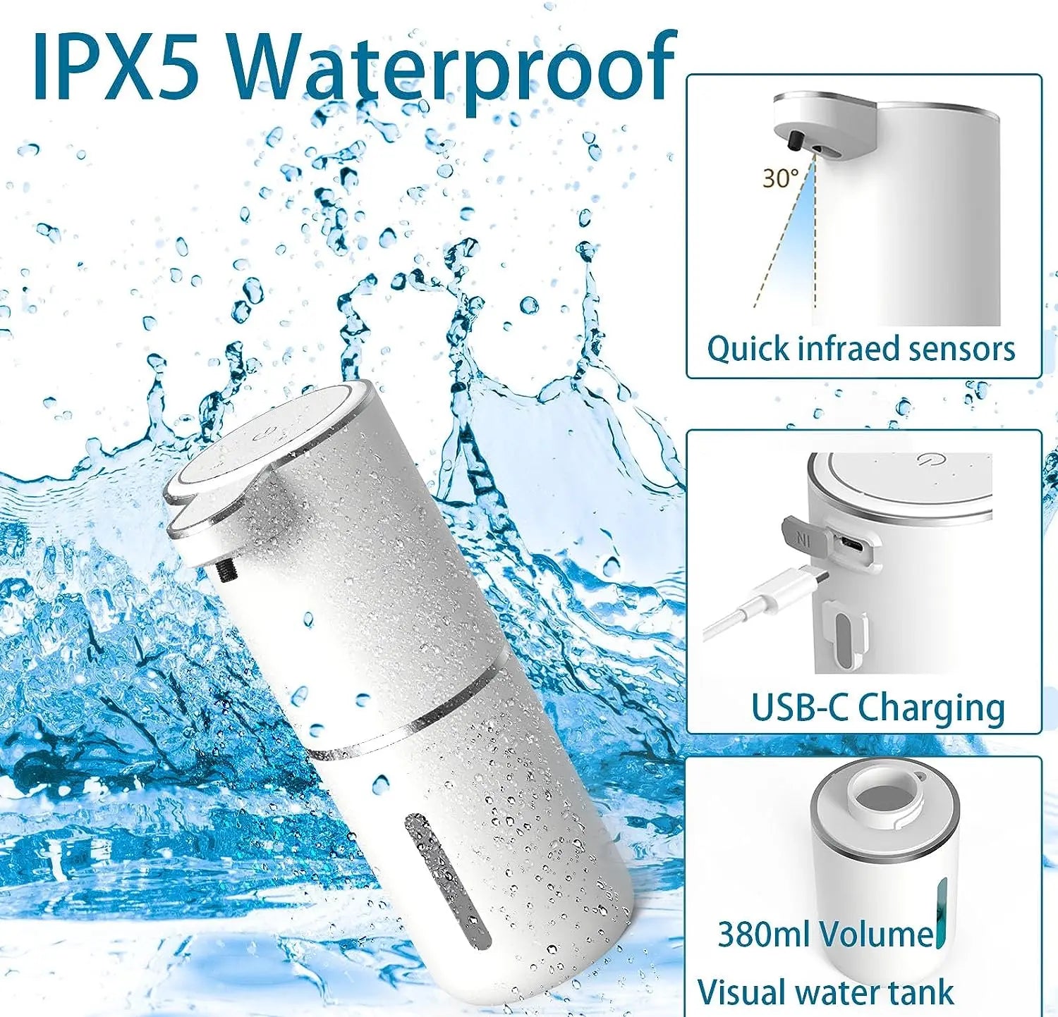 2025 NEW 380ml Automatic Soap Dispenser Foam USB Charging Touchless Smart Display Infrared Sensor Soap Dispensers Hand Washer