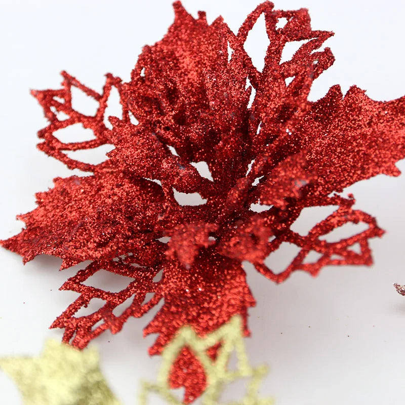 Christmas Tree Glitter Flowers | 10pcs Artificial Ornaments for Christmas 2024