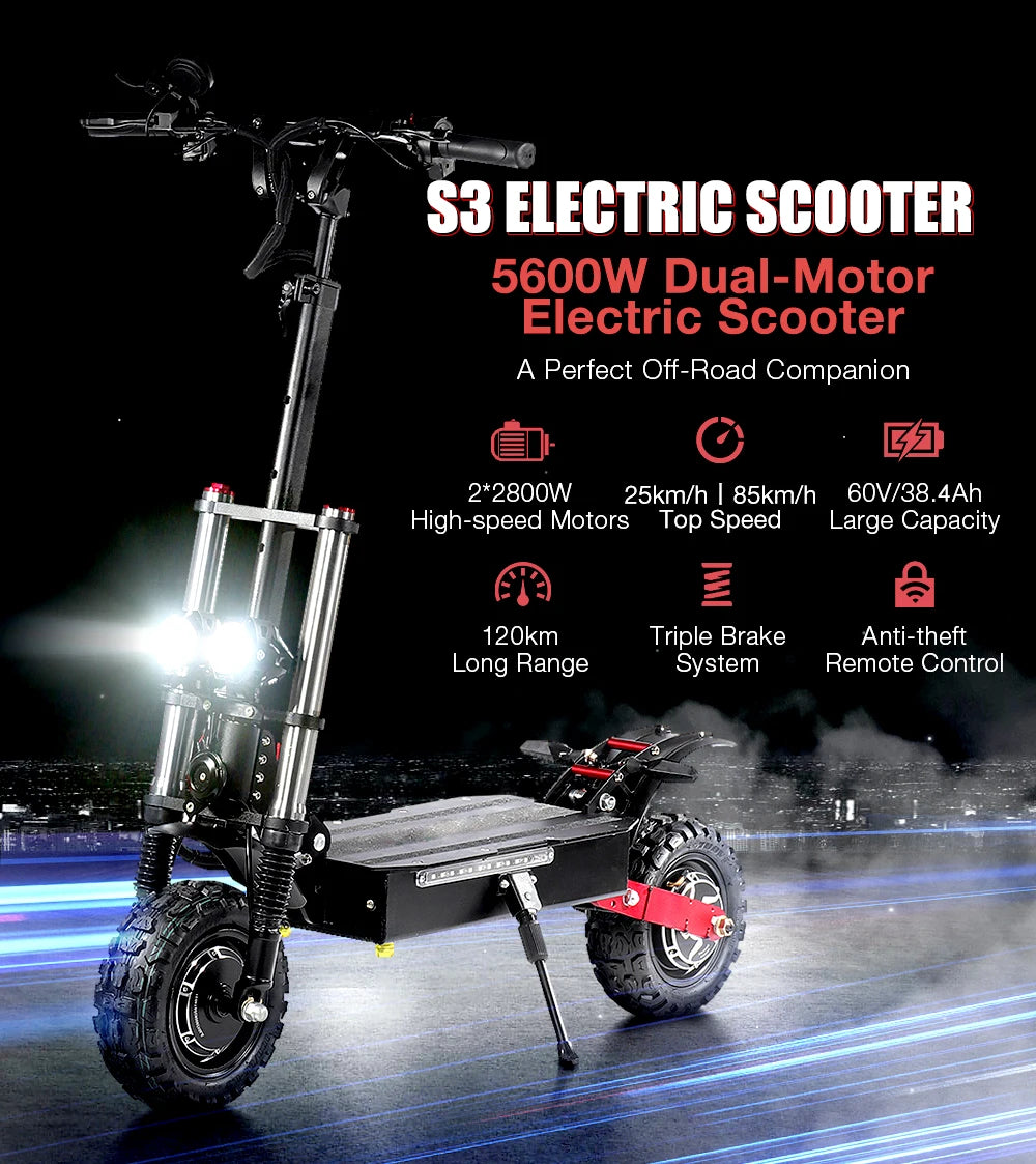 S3 Off-Road Electric Scooter for Adults - 6000W Dual Motor, 60V Battery, 120KM Range, 400kg Max Load with Hydraulic Brakes