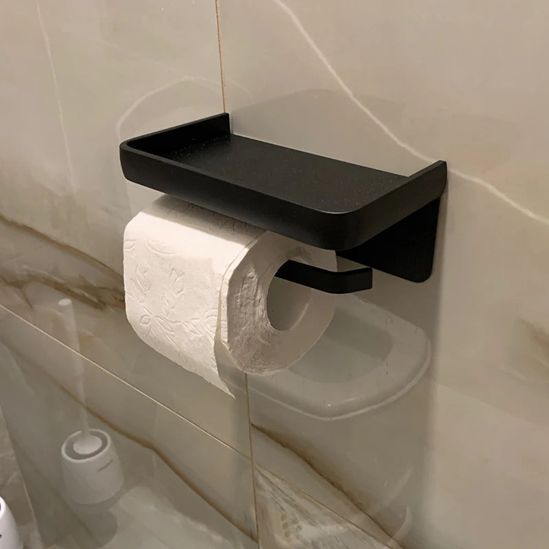 Aluminum Alloy Wall-Mounted Toilet Paper Holder with Shelf – Multi-Function Bathroom Paper & Phone Holder Towel Roll Rack