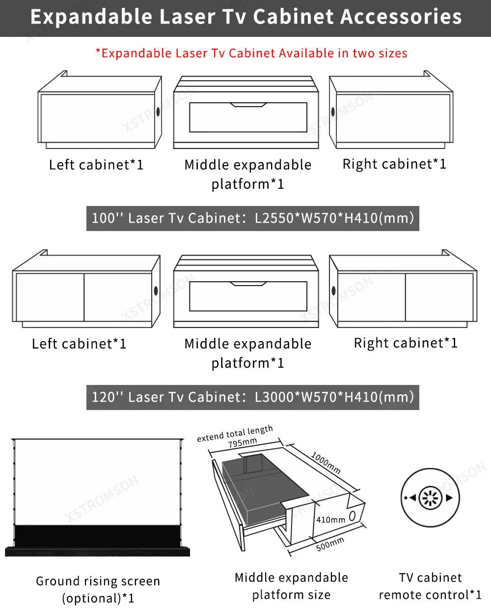120'' Black Smart Laser TV Cabinet +UST ALR Projector Screen Motorized Floor Rising Screen for Ultra Short Throw Laser Projector
