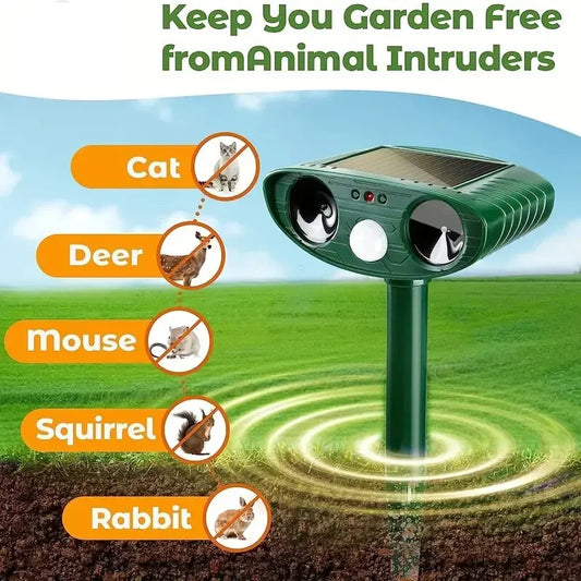 Solar-Powered Ultrasonic Animal Repellent – Rechargeable, Waterproof Cat & Dog Deterrent for Gardens, Farms, and Yards