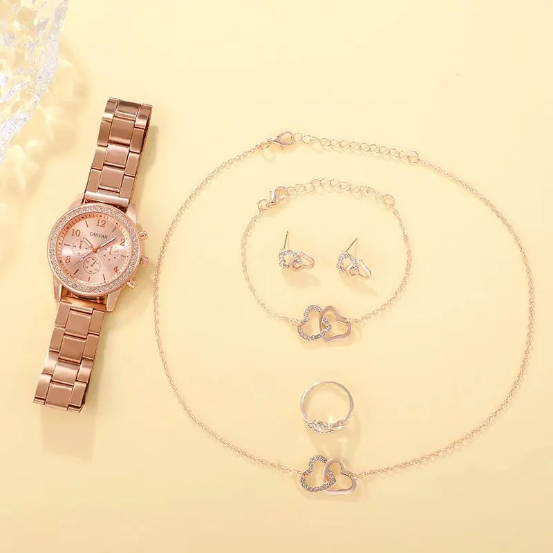 CADVAN HQ8207 Rose Gold Luxury Women's Watch Set - 6PCS Fashion Jewelry Set with Watch, Rings, Necklace, Earrings, and Bracelet