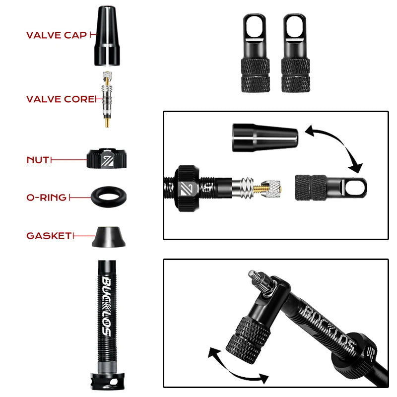 BUCKLOS Aluminum Alloy Tubeless Presta Valves – Removable Core Air Valves for Road & MTB Bikes (40-100mm Sizes)