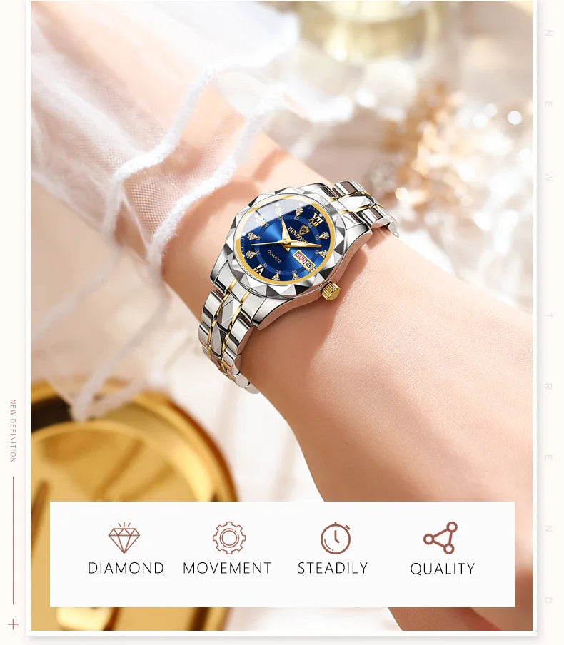 BINBOND Luxury Women's Quartz Watch - Waterproof, Luminous Date Display, Stainless Steel Fashion Wristwatch for Ladies