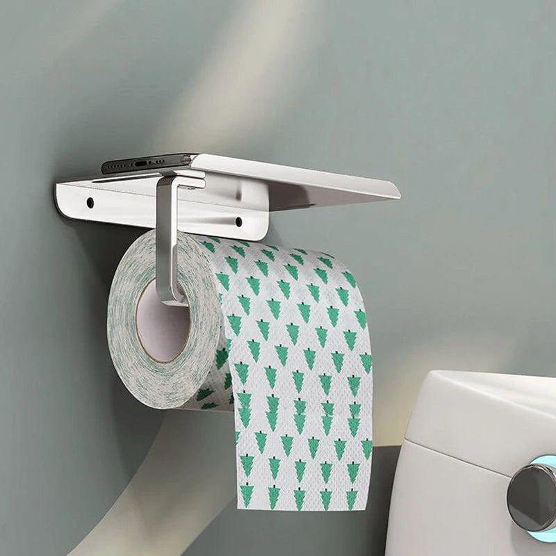 Aluminum Alloy Wall-Mounted Toilet Paper Holder with Shelf – Multi-Function Bathroom Paper & Phone Holder Towel Roll Rack