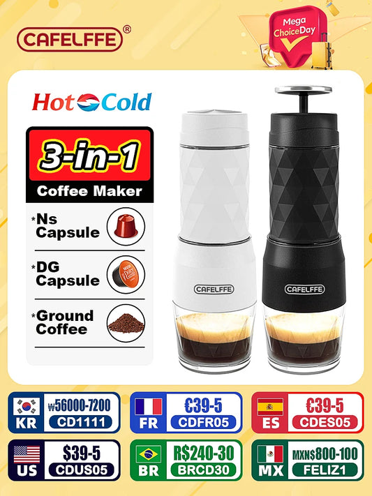 Cafelffe HS-8439 3-in-1 Portable Coffee Machine - Manual Espresso Maker for Hot/Cold Water, Compatible with Capsules & Ground Coffee, Perfect for Travel & Hiking