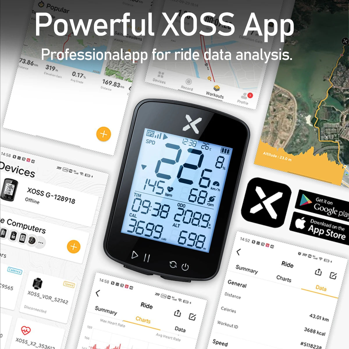 Xoss G+ G2 GPS Bike Computer, Wireless Cycling Speedometer & Odometer with ANT+ for Road & MTB