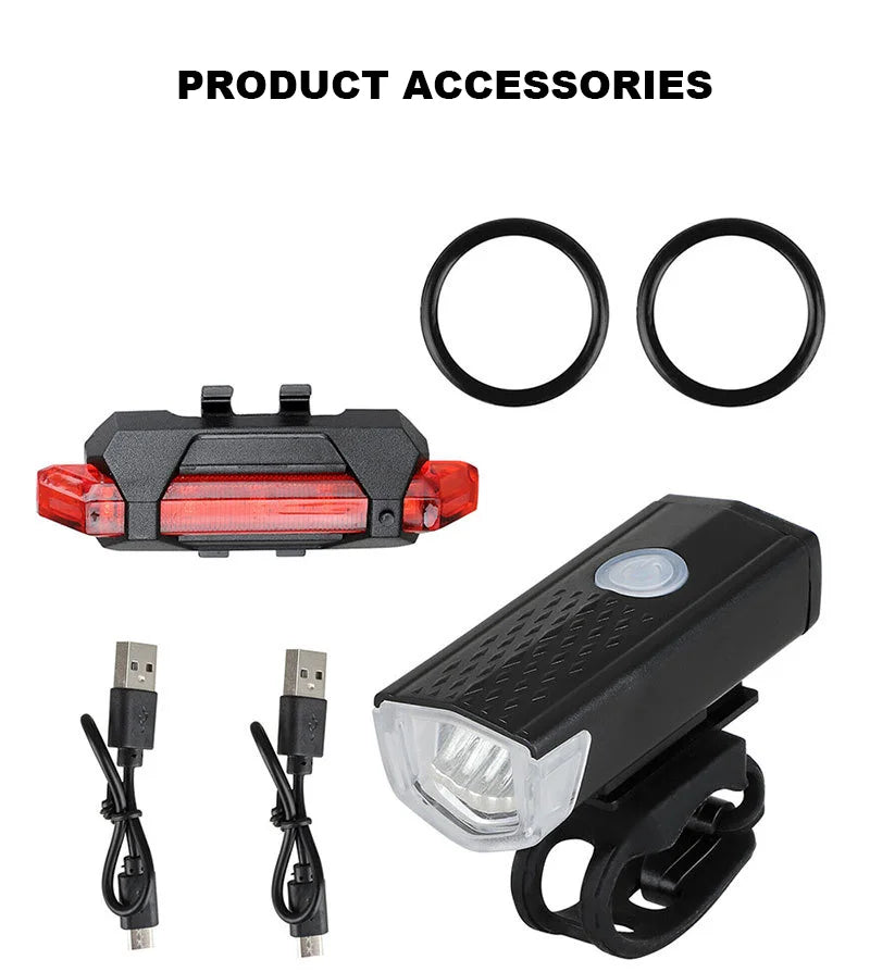 USB Rechargeable LED Bike Light Set - Front & Rear Headlight and Taillight for MTB & Road Cycling Safety