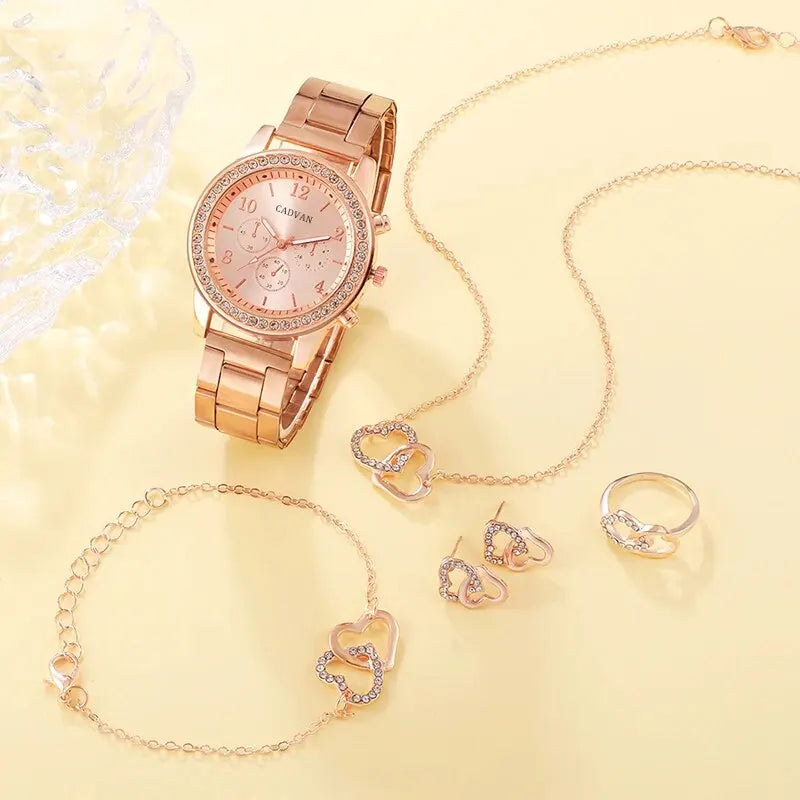 CADVAN HQ8207 Rose Gold Luxury Women's Watch Set - 6PCS Fashion Jewelry Set with Watch, Rings, Necklace, Earrings, and Bracelet