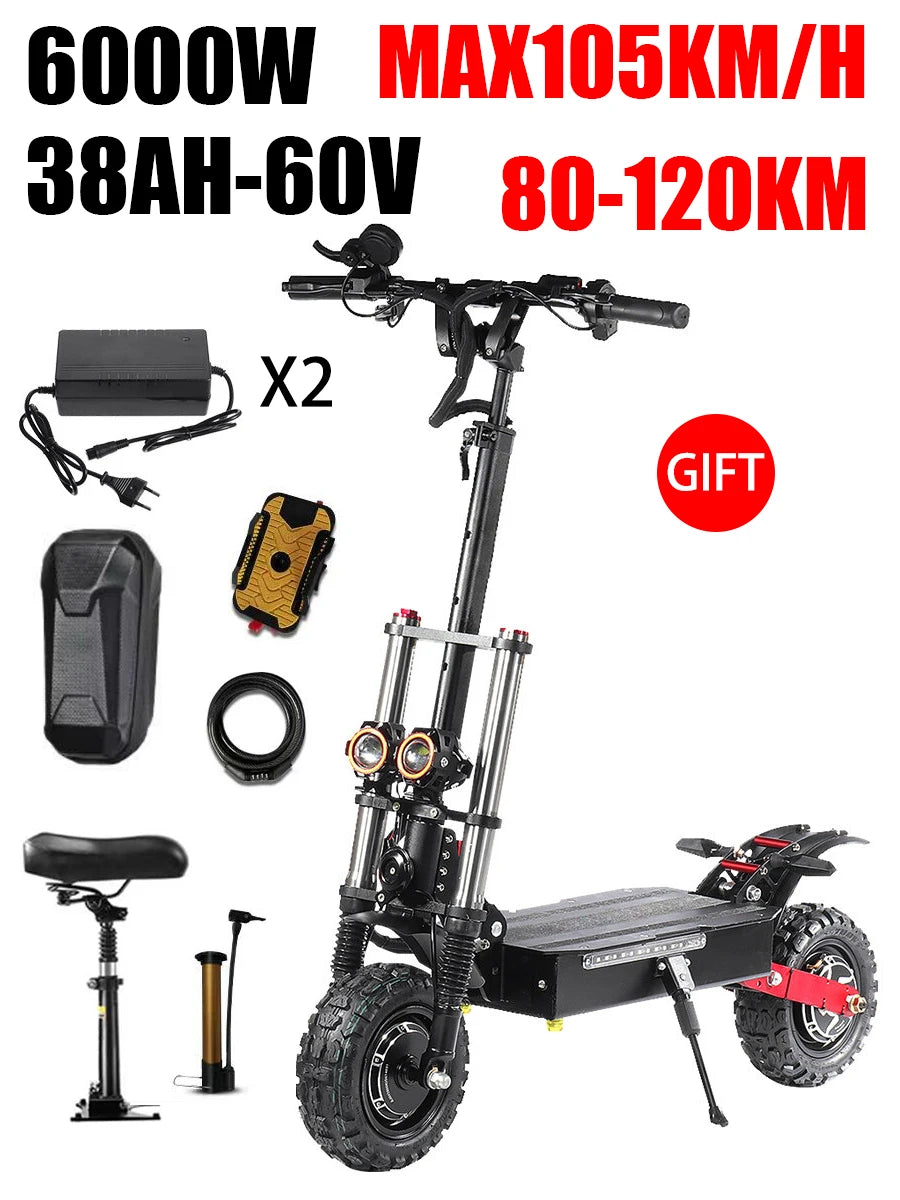 S3 Off-Road Electric Scooter for Adults - 6000W Dual Motor, 60V Battery, 120KM Range, 400kg Max Load with Hydraulic Brakes